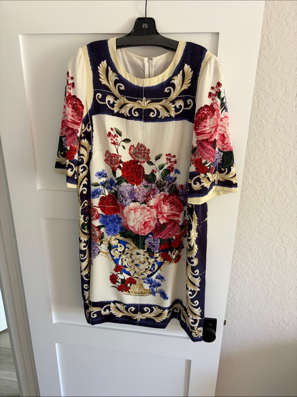 Dolce & Gabbana Cream Floral Midi Dress with Navy and Red Accents